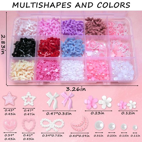 Lifextol 1000pc Pink Bow Nail Charms and Gems 3D Flower Nail Charms for Nails Design Press on Nails Art Charms, Resin Junk Case Charms Bulk Acrylic Pearl Nail Charms Heart for Fake Nails Supplies-D