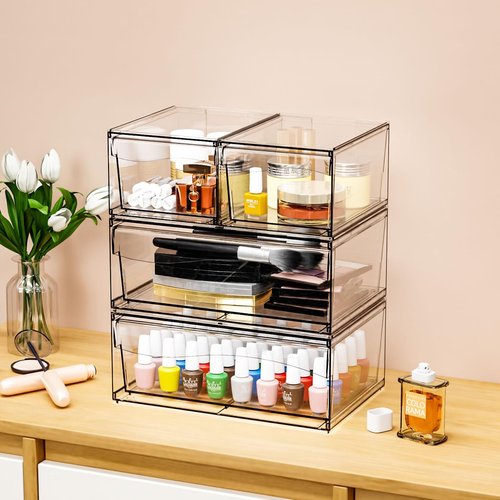 6 Pack Clear Stackable Storage Drawers,12"W Large Bathroom Makeup Organizer and Pen,Sunglass,Medicine,Baby Bottle Organizer,Plastic Pull Out Storage Bins for Desk,Under Cabinets,Vanity Countertop