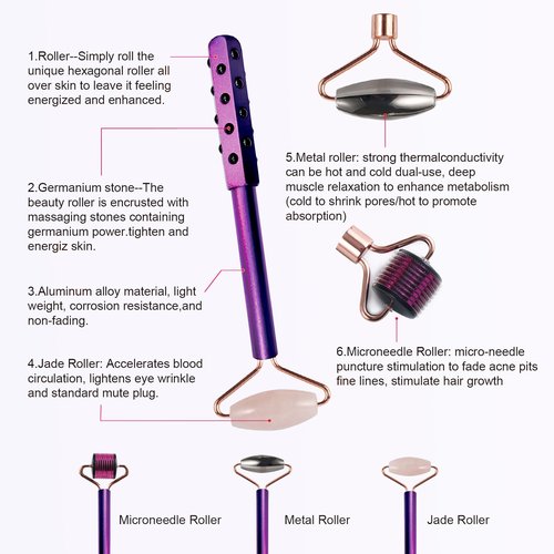 4-in-1 Germanium Stone Face Massager Beauty Roller for Up Lifting and Skin Care, Anti-Aging Beauty Tool with 3 Replaceable Heads - Jade Stone, Stainless Steel and 0.25mm Microneedle