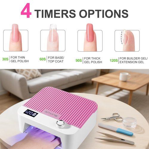 ANYINS UV Nail Lamp 120W, Professional UV LED Lamp for Gel Nails Long-Lasting 30Pcs Beads Cordless Gel Nail Light, Fast & Even Curing All Gel Polish with Smart Auto-Sensor for Home Salon DIY Pink