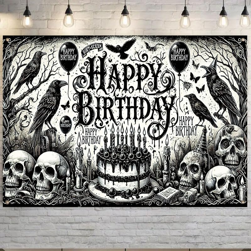 Gothic Halloween Birthday Banner - 71x43 Inch Dark Party Backdrop with Skulls & Crows - Multicolored Variation 538