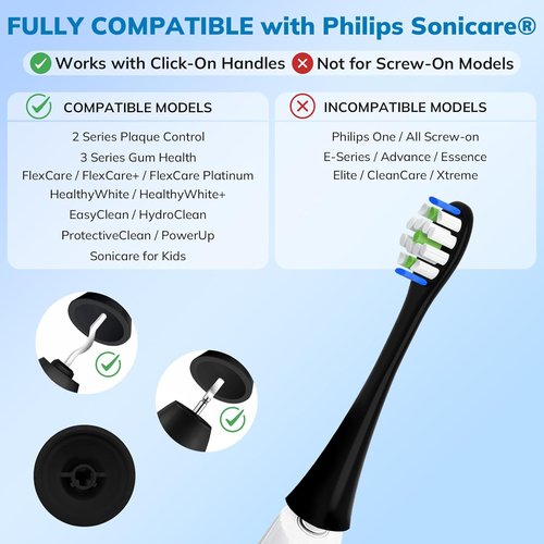 Philips Sonicare Replacement Toothbrush Heads - 8 Pack Soft Gentle Bristles for Click-On Electric Toothbrushes | Black