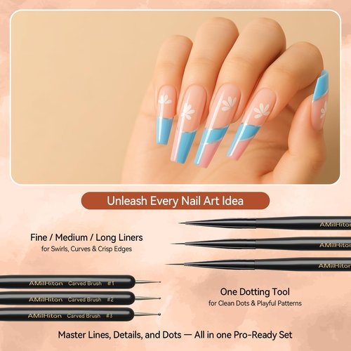 AMilHiTon 8PCS Nail Art Brush Set for Gel & Acrylic – French Tip, Flat, Oval & Carved Liner Brushes with Dotting Tools, Professional Builder Poly Gel Nail Design Kit