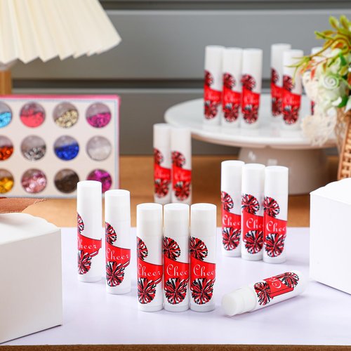 Suttmin 24 Pcs Cheer Lip Balm Bulk Cheer Teams Camp Gifts Pom Pom Leaders Party Favors Gear Lip Balm Valentine's Day Gift for Competitive Party Guest Supplies(Red)