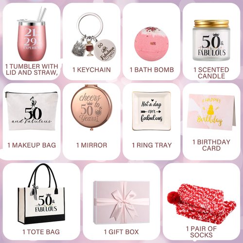Locmeo 11 Pcs 50TH Birthday Gifts Sets for Her Include Tote Bag Makeup Bag Ring Tray Wine Tumbler Scented Candle Keychain Socks for Women Mom Wife Sister Coworker Happy 50 Birthday Valentines Gifts