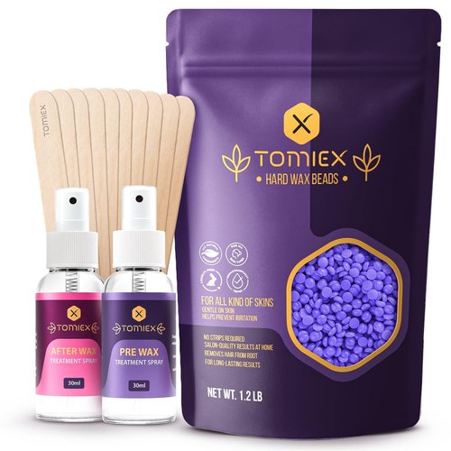 TOMIEX Wax Beads 19.2oz (1.2lb) – Hair Removal Kit with Pre & Post Wax Spray + 10 Spatulas – No Strip Needed – Gentle Formula for Sensitive Skin – For Face, Legs, Brazilian, Bikini & Body