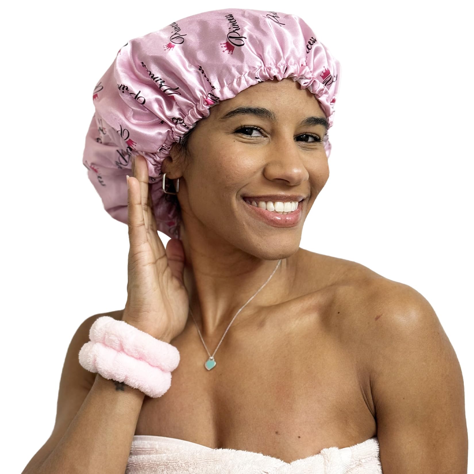 Zomac Satin Shower Cap for Women, Reusable and Waterproof Shower Cap for Long Hair, Luxury Print and Double Layer (Pink, Large)