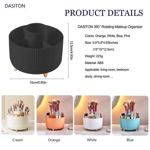 DASITON Large Capacity Makeup Brush Holder,360° Rotating Makeup Organizer,5 Slot Makeup Brushes Cup,for Vanity Decor,Bathroom Countertops,Desk Storage Container,Cosmetic Display cases(Black)