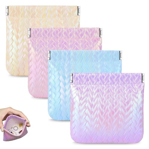 MXXUUOOM 4 PCS holographic Pouch Bags Mini Makeup Bag for Purse, Coin Purse & Purse Pouch Set,Self-Closing Cosmetic Organizer for Women, Waterproof Faux Leather for Lipstick, Coins & Daily Essentials