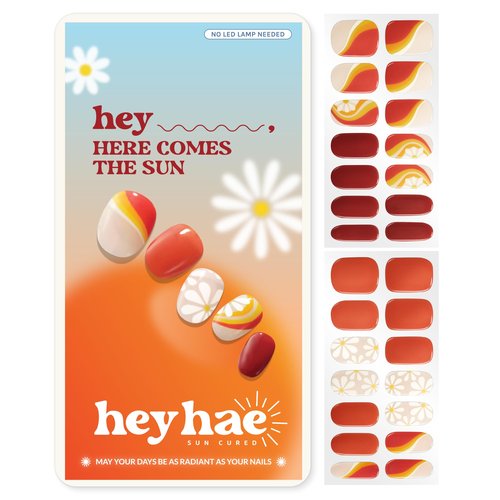 Heyhae Semi Cured Gel Nail Strips | No LED Lamp Needed | Summer, Floral, Red | Easy Apply & Remove, Salon Quality | Includes 28 Strips, 1 Prep Pads, Nail File & Wooden Stick - Hey, Here Comes the Sun