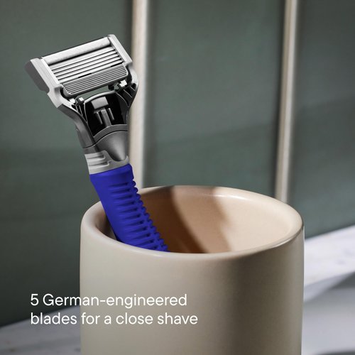 Harry's Original Shaving Kit for Men - Razor Handle, 5 Razor Blade Refills, Foaming Shave Gel, and Travel Blade Cover - Ocean Blue