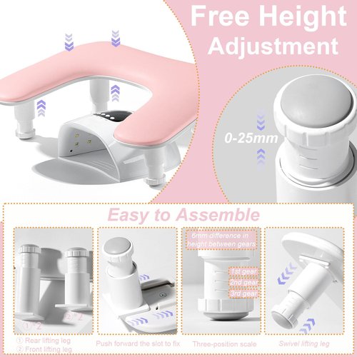ibubu Manicure Big Nail Arm Pillow Rest U-Shaped Height Adjustable Armrest PU Leather Hand Stand Rest for Nails Tech Pink