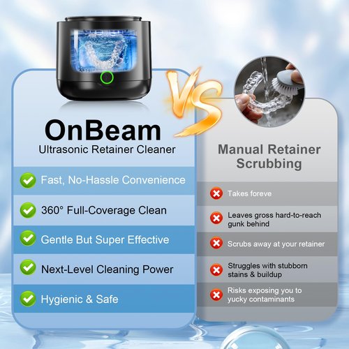 OnBeam Ultrasonic Retainer Cleaner, 45kHz Retainer Cleaner Machine 4000mAh for Denture, Night Guard, Mouth Guard, Aligner, Brace 24W Dental Cleaning Pod with 4 UV Lights, 200ml Multiple Cleaning Modes