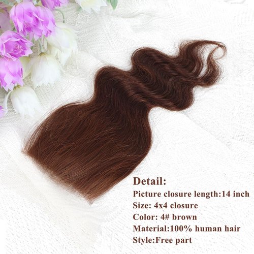 Brown color Body Wave Closure 4x4 Free Part Closure Brazilian Human Hair Closure Brown Body Wave Lace Closure Virgin Human Hair HD Lace closure Chocolate Brown (14 Inch)