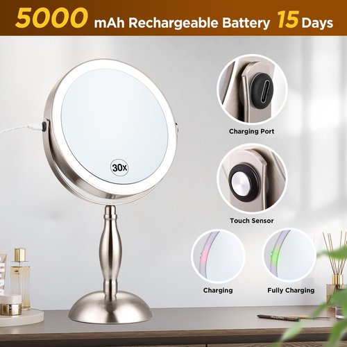 Makeup Mirror with Light, 30x Magnifying Mirror with 3 Lights Colors, 5000mAh Vanity Mirror Brushed Nickel - 360° Rotation, Brightness Adjustable Magnification, Modern Style Side Touch + Side Charge