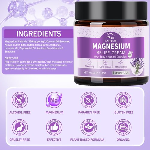 Magnesium Body Lotion - Magnesium Cream [NATURAL & ORGANIC] Lavender Magnesium Lotion for Sleep,Muscle Pain, Leg Cramps, Topical Magnesium Balm with Shea Butter, Coconut Oil, Vitamin E, Safe for Kids