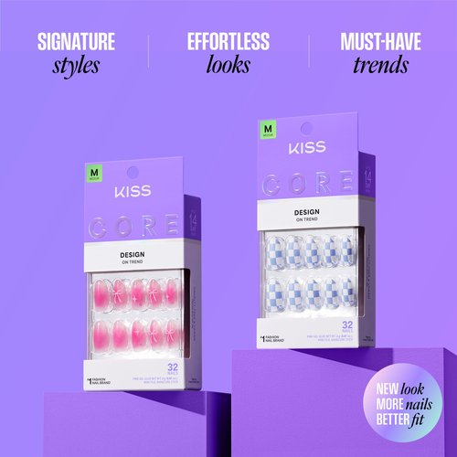 KISS CORE, Press On Nails, Nail glue included, 'Together', Beige, Medium Size, Almond Shape, Includes 32 Nails, 2g Glue, 1 Manicure Stick, 1 Mini File