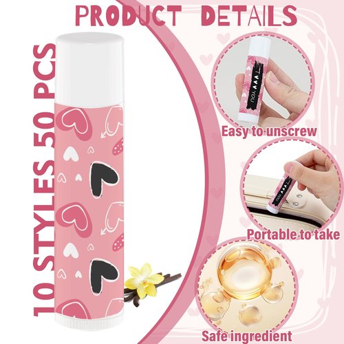 50 Pcs Valentine's Galentine's Day Gifts Lip Balms Bulk for Women Valentines day Lip Care Moisturizing Gift Favors Stuffers Birthday Party Supplies Decorations (pink heart)