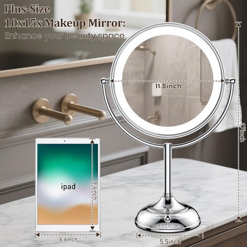 VESAUR Upgraded 11" Large 17" Tall Lighted Makeup Mirror Silver, 1X/10X Dual-Sided Magnifying with 15X Suction Mirror, 3 Color Adjustable Lights, 360° Swivel Dual Power Vanity Mirror, Gift Box
