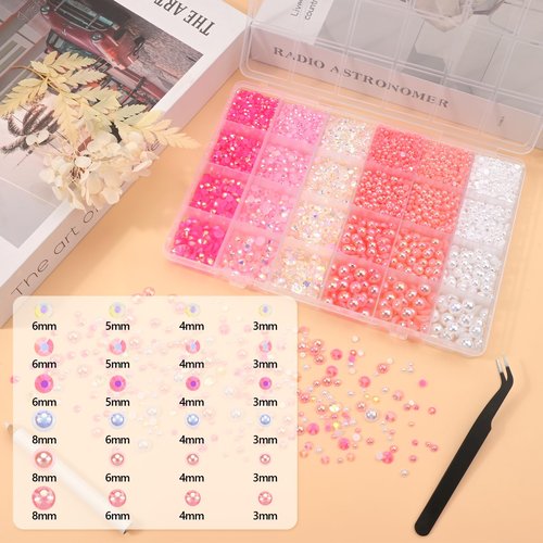 NACHLYNN 10000 Pcs Pink White Rhinestones and Pearls 3-8mm Half Pearl Bead Resin Rhinestones Kits Comes with Jewelry Pen and Tweezers Suitable for Nail Art Clothing Handmade DIY Decoration