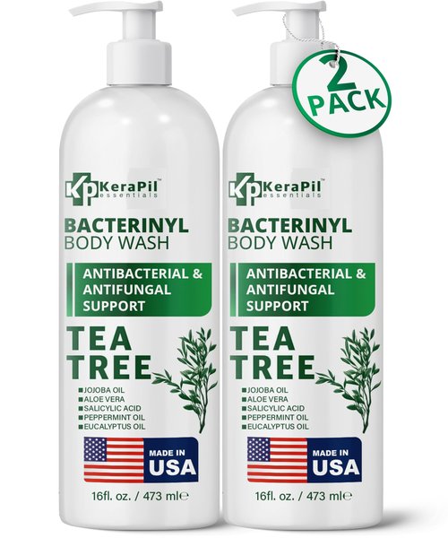 KERAPIL Bacterinyl Tea Tree Oil Body Wash - Antibacterial & Antifungal Support for Ringworm, Body Odors, Athlete’s Foot & Acne, Helps Soothe Itchy, Dry Skin - Made in USA (16 fl oz x 2)
