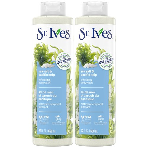St. Ives Body Wash, Sea Salt & Pacific Kelp Exfoliating Shower Gel 2-Pack, 100% Natural Extracts, Cruelty-Free, 22 Oz Ea
