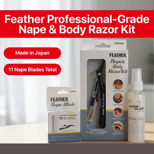 Feather - Nape and Body Razor Kit – Professional Use Hair Cutting Tool - Includes Nape Razor, 10 Nape Blades & 2 oz Blade Glide – Ideal for Nape, Sideburns, Eyebrows, and Bikini Line – Made in Japan