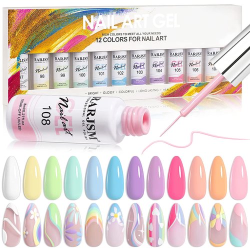 RARJSM Nail Art Gel Liner Painting Polish Set,12 Pastel Colors Spring Summer Collection,Painted Gel Nail Polish Set Build in Thin Brush Soak Off Curing Requires Salon DIY Nail Design Line Art 8ML