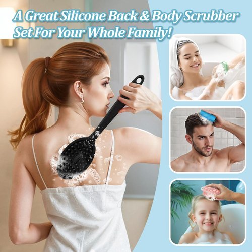 GEENOA Silicone Back Scrubber & Bath Glove Set 2PCS, 13.4'' Gentle Shower Back Scrubber with Dual-Side Head Non-Slip Handle, 360° Anti-Slip Hand-fit Bath Glove for Rich Foaming Deep Cleaning(Black)