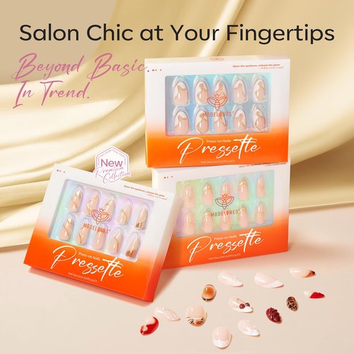 Modelones French Tip Press on Nails Almond, Short Almond Fake Nails, Semi-Transparent Soft Nail Kit with Nail Glue Adhesive Tabs Nail File, Spring Nails Press Ons 30Pcs 15 Sizes, Pink Flower