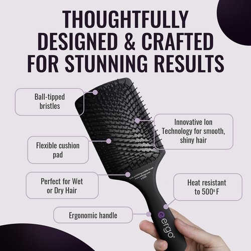 ERGO Ionic Paddle Hair Brush - Large Detangling Brush for Shine & Smoothness | Ideal for Wet & Dry Hair