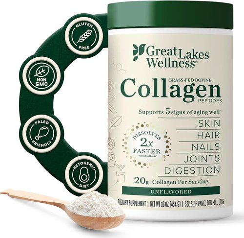 Great Lakes Wellness Collagen Peptides Powder - Hydrolyzed, Quick-Dissolve Formula for Skin, Hair & Joints | 16 oz, 22 Servings