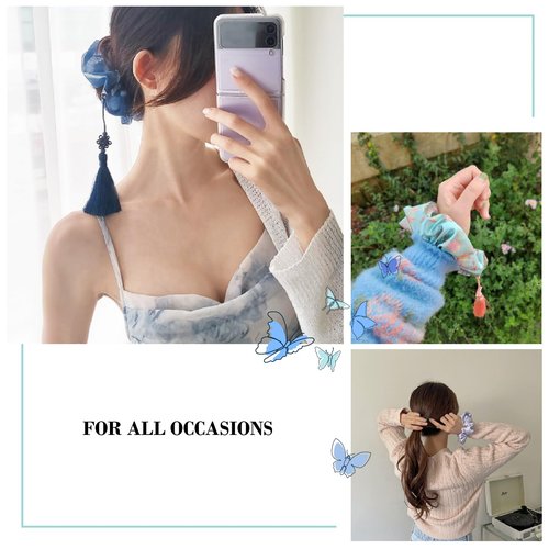 Generic Handmade Soft Korean Scrunchies for Women - Sabang Shin Hanbok Hair Accessory with Beige Ball Trinket Tassel