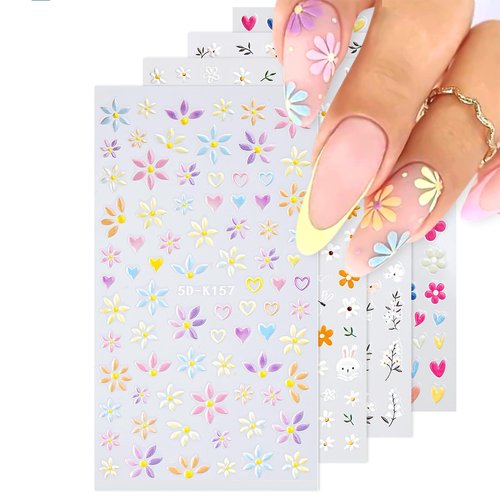 HAIIDOAK Nail Stickers, 4 Sheets Floral 5D Embossed, Self-Adhesive for DIY Manicure