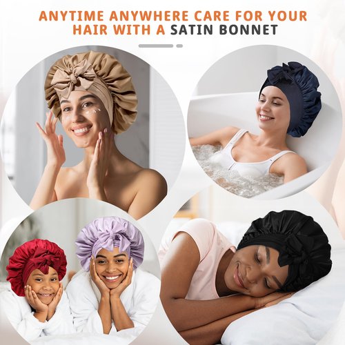 HAIMEIKANG Satin Bonnet for Women Silk Hair Bonnets for Sleeping Large Bonnets with Tie Band Night Cap Sleep Cap for Women Curly Night Cap(Bean Paste Color)