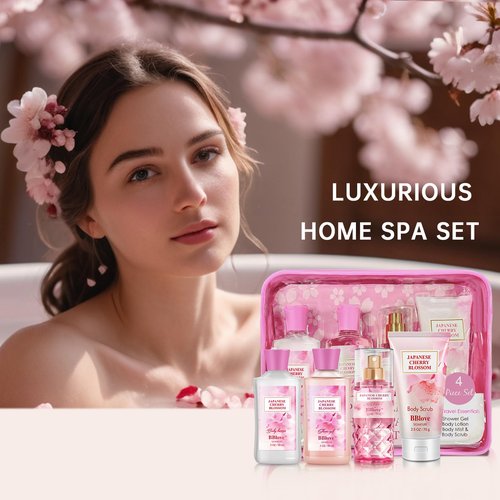 Beautifier Life Bath and Body Gift Set for Women and Girls,Japanese Cherry Blossom,4PCS Set for-Shower Gel,Body Lotion,Body Mist,Exfoliating Scrub,Body Care Travel Set for Birthday Mother's Day Gifts