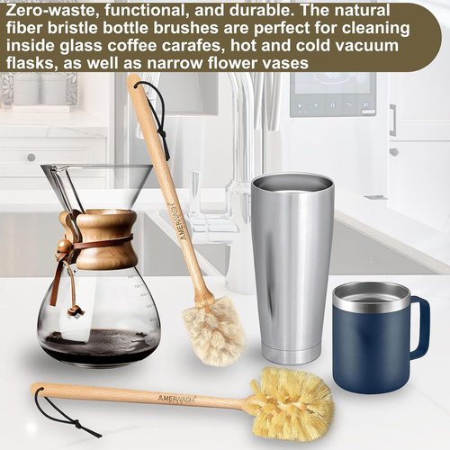 Natural Bristle Bottle Brushes by [Brand Name] - 13.75-Inch Wood Handle for Cleaning Jars, Glasses & Vases | 2 Pack