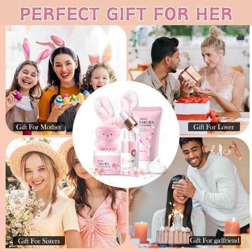 Skincare Set Sakura Teen Girls Gifts - Skin Care Set - Skincare for Teens 10-12 Hydrating - Travel Size Facial Kit for Women with Cleanser,Serum,Cream,Bunny Headband,Cleansing Brush（5pcs）
