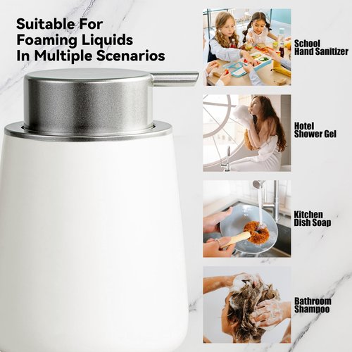 AZMOYAC Foaming Soap Dispenser - 12 Oz White Ceramic Foam Hand Soap Dispenser for Bathroom, Face Wash Dispenser Bottle with Matte Silver Foaming Pump, Refillable Lotion Dish Dispenser for Kitchen