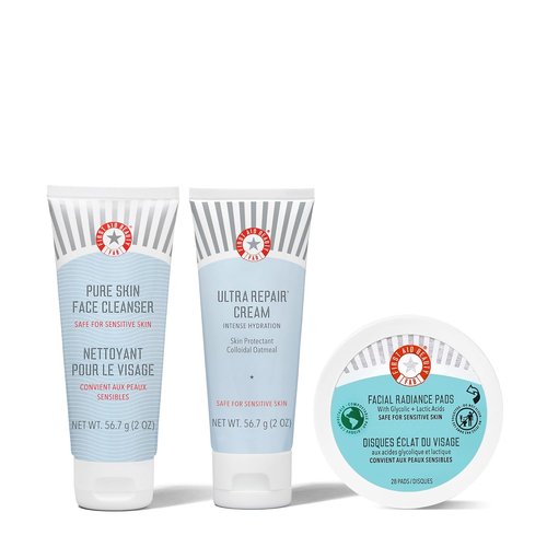 First Aid Beauty - Ultimate Hydration Travel Bundle | Pure Skin Cleanser, Ultra Repair Cream & Radiance Pads