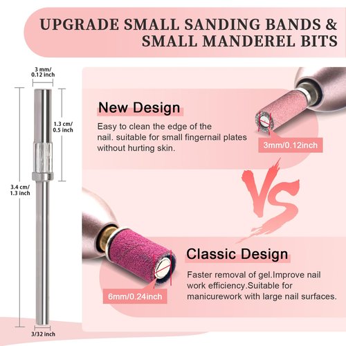 300Pcs Small Sanding Bands for Nail Drill Bits Set, Mini Sanding Bands with 2 Mandrel Bits Coarse Fine Grit #150#180#240 Grits, Professional for Acrylic Nails Manicures and Pedicure-Pink