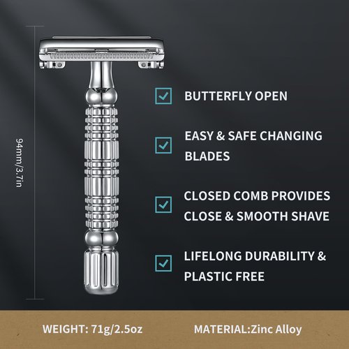 Gearhub Butterfly Double Edge Safety Razor Reusable Stainless Metal Wet Shaving Razor with 10 Swedish Platinum Blades for Men Women Barber Bikini Armpit Hair GR179
