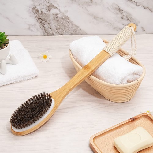 eaxun Bamboo Shower Brush with Curved Long Handle, 16.7 Inches Exfoliating Back Scrubber with Natural Bristles for Men & Women, Back Exfoliator Body Washer for Bath or Dry Brushing
