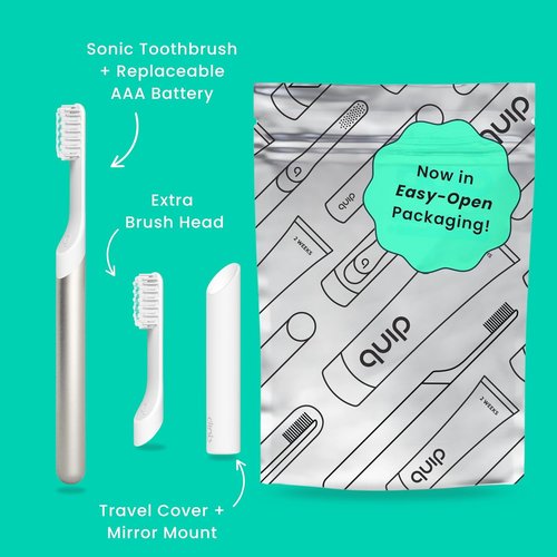 Quip Metal Sonic Electric Toothbrush - Soft Bristles, Travel Case & 3-Month Battery Life | Moonlight Champagne