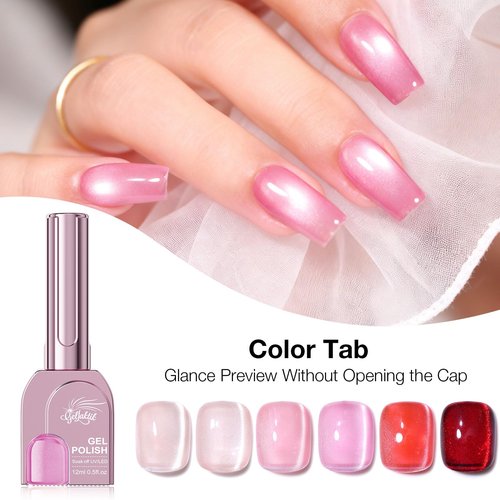 GELLAKTIK Cat Eye Gel Nail Polish Set, 6 Colors 12ML Spring Summer Glitter Magnetic Nail Polish Gel with Magnet, Soak Off UV LED for Home Salon Manicure Gift for Women