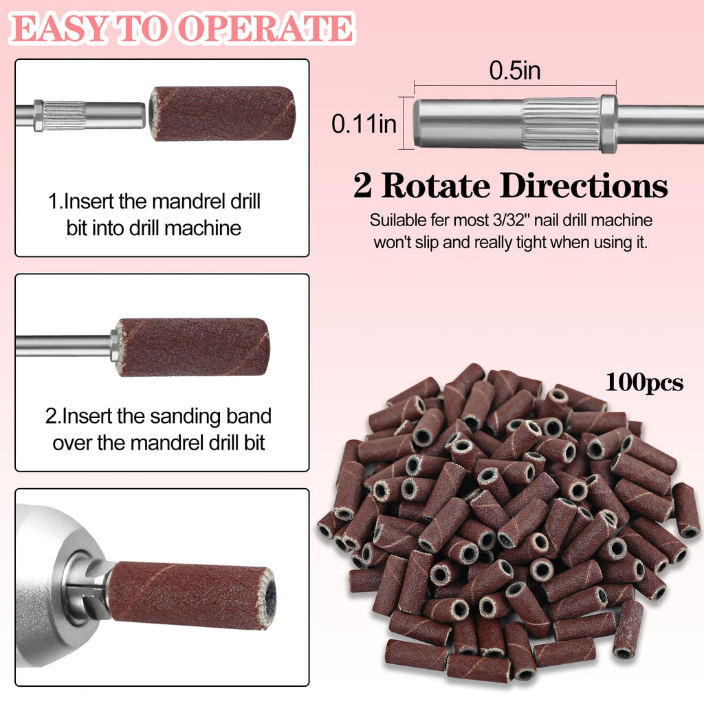 Vnjaoi 120 Pcs 3mm Small Sanding Bands with 2Pcs Small Mandrel Bit for Nail Drill, Fine Upgrade Design Mini Nail Sanding Bands for Acrylic Nails Gel Removing Shaping, Manicure Nail Salon Use (180#)