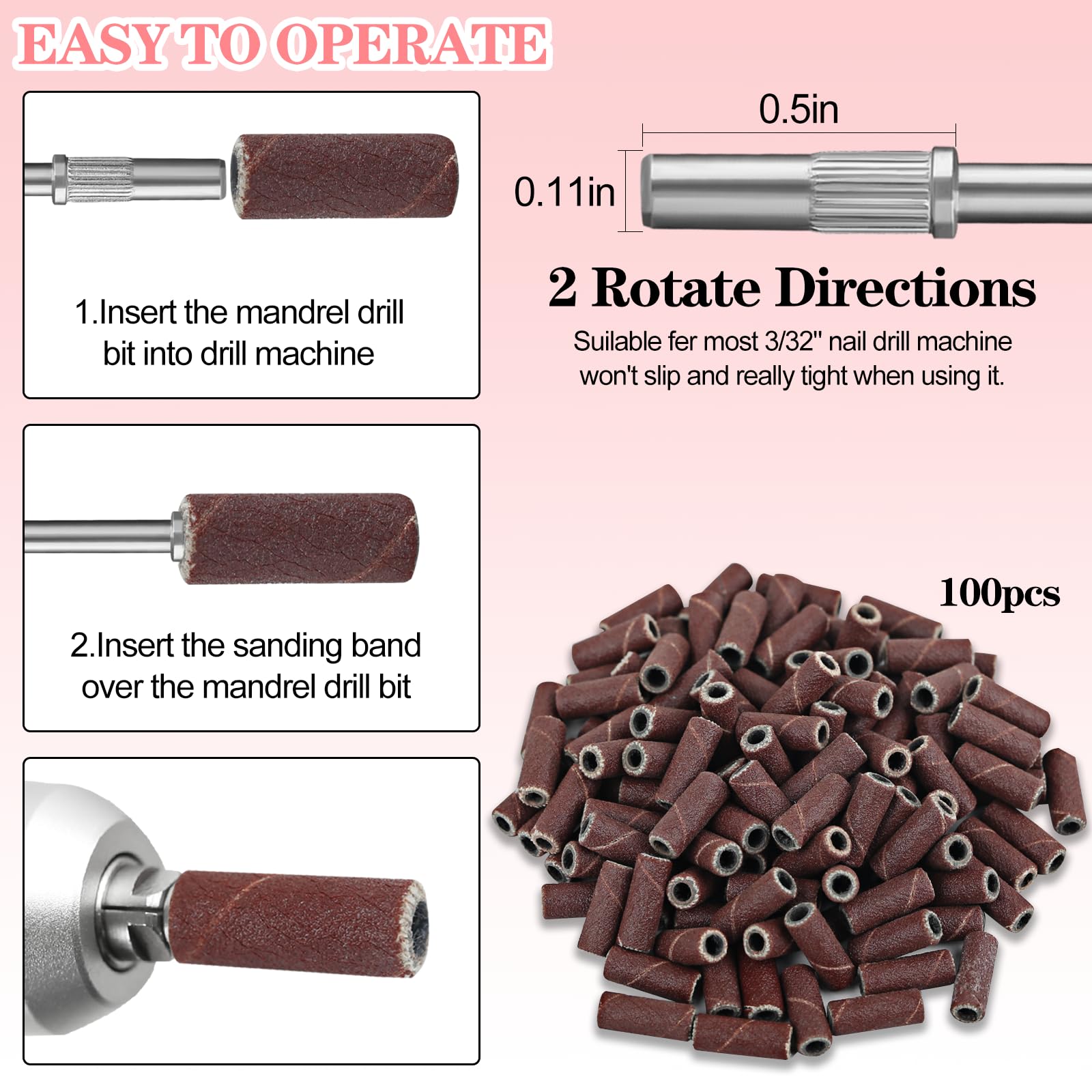 Vnjaoi 120 Pcs 3mm Small Sanding Bands with 2Pcs Small Mandrel Bit for Nail Drill, Fine Upgrade Design Mini Nail Sanding Bands for Acrylic Nails Gel Removing Shaping, Manicure Nail Salon Use (180#)