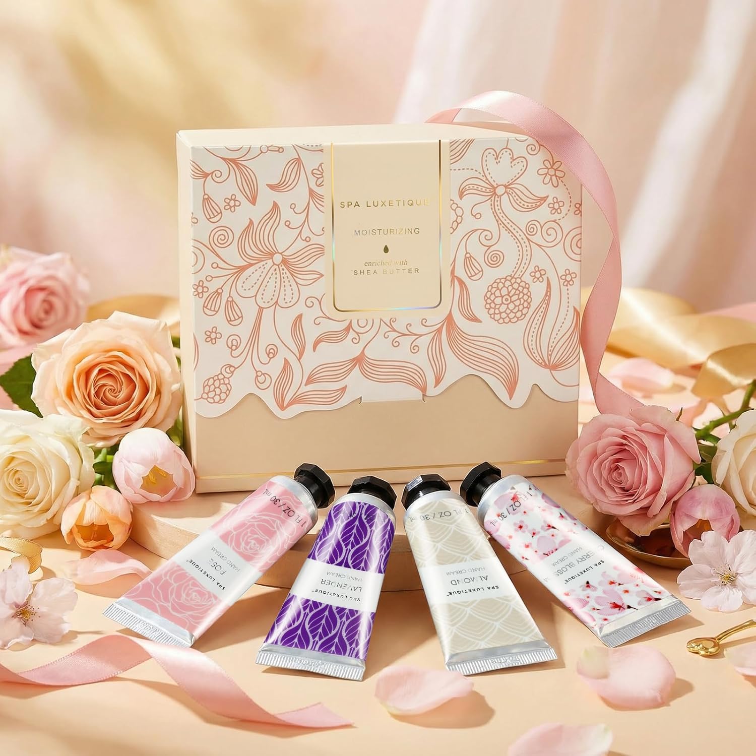Spa Luxetique Hand Cream Set - Moisturizing Shea Butter & Glycerin Lotion | 4 Travel Size Gifts for Women