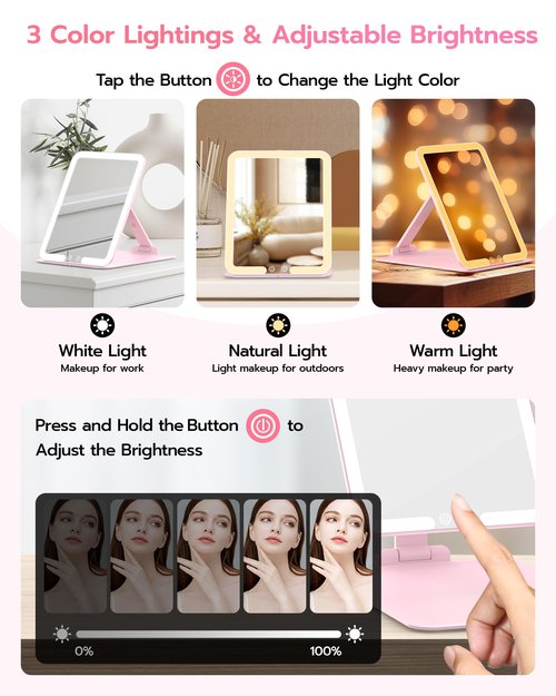 Anfauny Lighted Travel Makeup Mirror with Magnetic 10X Magnification, Vanity Portable and Foldable with Adjustable Stand, Rechargeable 3 Color Lights for Desk and Tabletop -Pink