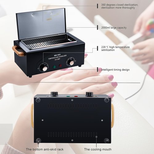 High Temperature Cleaning Box 300W 1.5L with Timer Dry Heat Sterilizer Cabinet Equipment with Stainless Tray For Nail Tool Spa Pedicure Hairdressing Metal Tools with Handle (Black#2)